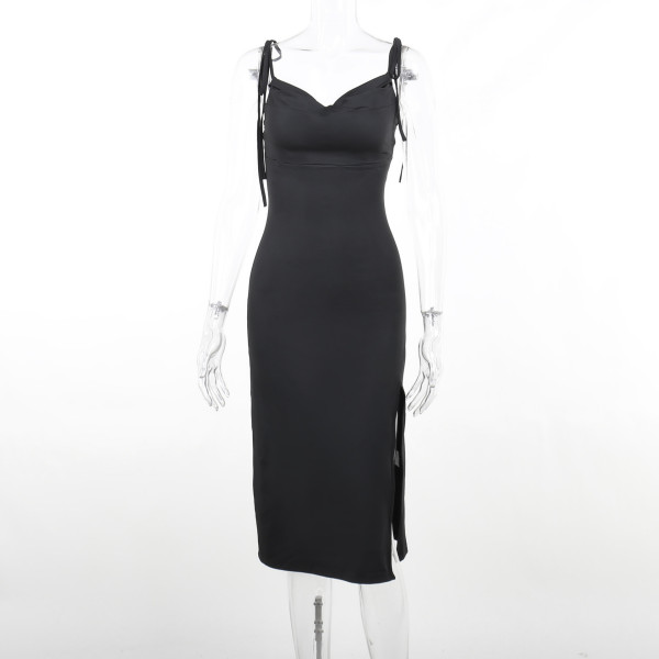 Slim sexy pocket neck split dress Slim shrink pleat slim casual dress