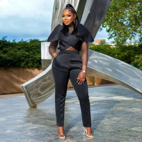 Personalized creative mesh top modeling solid color suit fashion party two-piece set