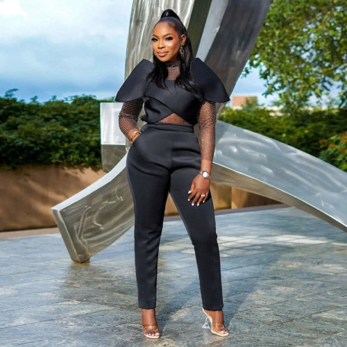 Personalized creative mesh top modeling solid color suit fashion party two-piece set