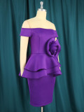 Off-shoulder three-dimensional decorative sexy dress party dress 3D flower fake two-piece one-step skirt