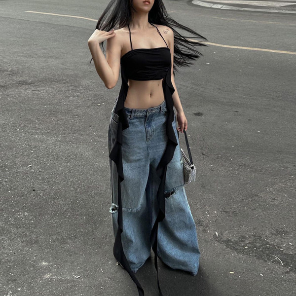 Pleated streamer neck top Spicy girls short exposed navel t-shirt