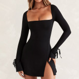Mesh square neck long-sleeved slim wrap buttock split French dress