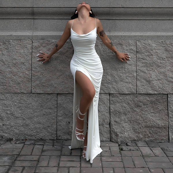 Clean color suspender sleeveless side slit French high waist dress
