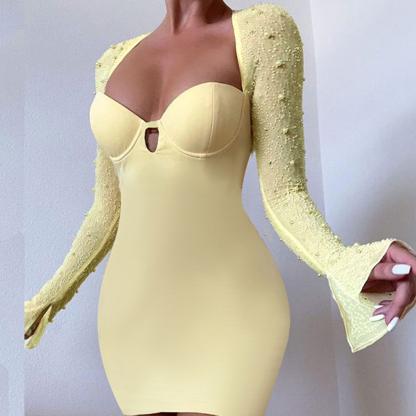 Temperament show bust open back beaded long-sleeved hip dress