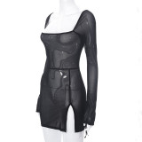 Mesh square neck long-sleeved slim wrap buttock split French dress