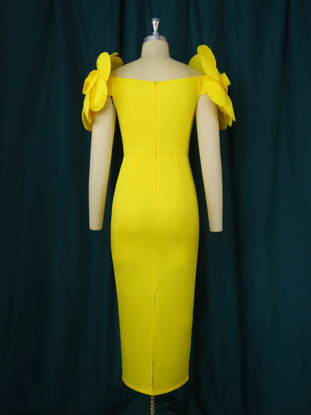 Sexy low-cut three-dimensional flower dress temperament waist fitting banquet one-step skirt