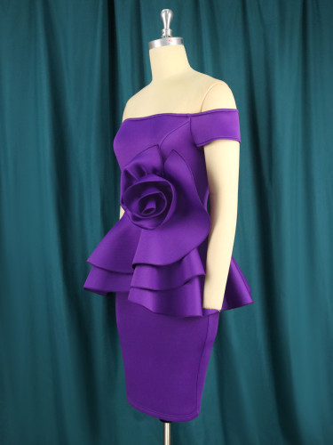 Off-shoulder three-dimensional decorative sexy dress party dress 3D flower fake two-piece one-step skirt