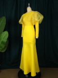 Lace gauze perspective banquet buttock skirt creative lantern sleeve show figure dress