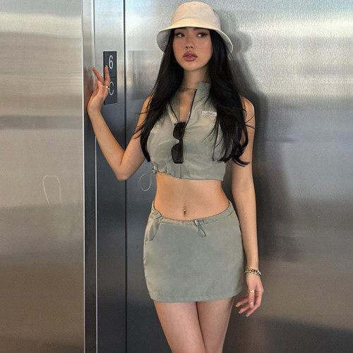 Sleeveless fashion slim POLO neck short open navel top work dress skirt suit