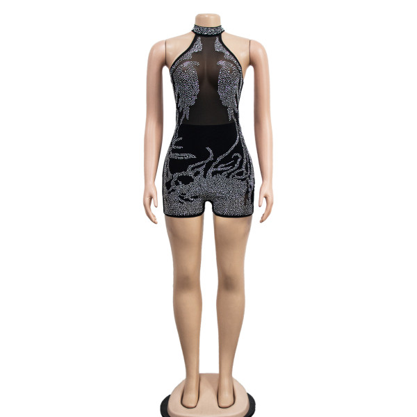 Fashion women's gauze perspective ironing sleeveless shorts jumpsuit