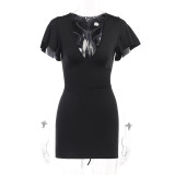 Sexy V-neck waist shows thin short sleeve dress temperament slimming casual color buttock skirt