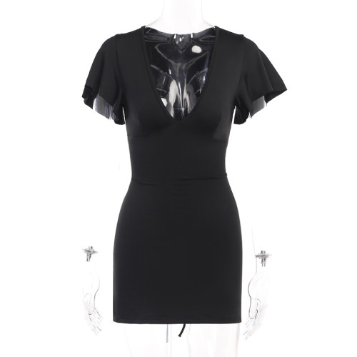 Sexy V-neck waist shows thin short sleeve dress temperament slimming casual color buttock skirt