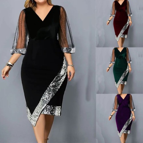 Golden velvet irregular sequin see-through mesh women's dress