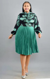 Round neck bow long-sleeved printed pleated dress