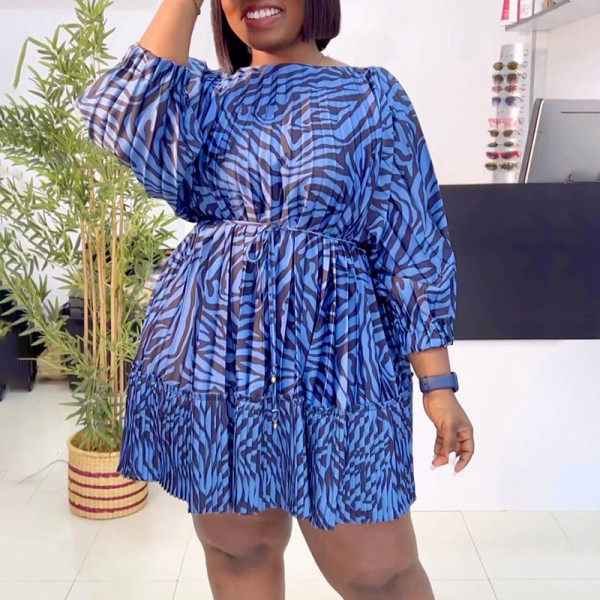 Fashion loose print pleated binding dress