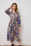 Large flower long-sleeved waist dress