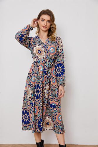 Large flower long-sleeved waist dress