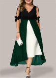 Large women's V-neck stitching fake two-piece irregular medium-sleeve dress