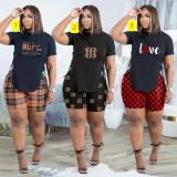 Casual side slit machine eye strap printed letter sports two-piece suit large size