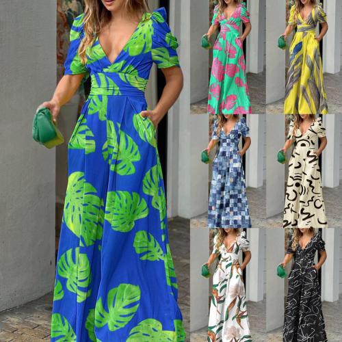 Fashionable V-neck waist wide leg jumpsuit