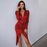 Bubble Long Sleeve Slim Dress V-neck Irregular Tint Midskirt Waist Fold Dress