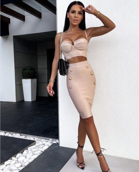 Bandage skirt suit sexy wipe suspender top high waist button short skirt high street two-piece set