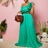 Women's diagonal shoulder open back ruffle sexy top pleated wide leg pants set two-piece