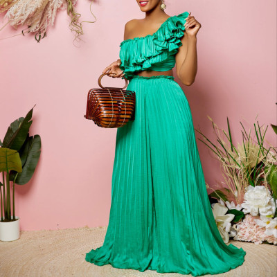 Women's diagonal shoulder open back ruffle sexy top pleated wide leg pants set two-piece