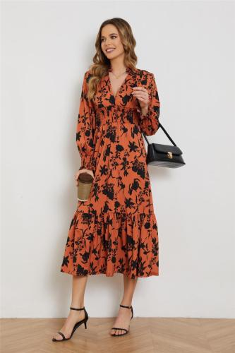 Floral V-neck high waist long dress
