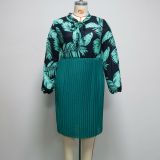 Round neck bow long-sleeved printed pleated dress