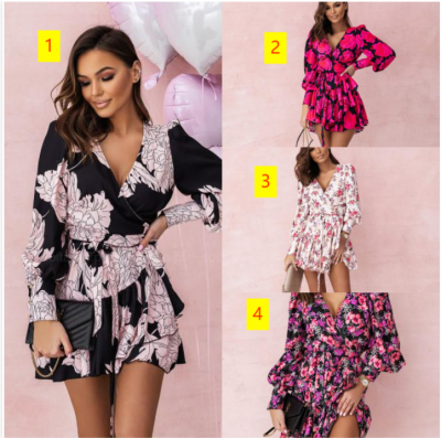 Fashion printing V-neck ruffle long-sleeved dress