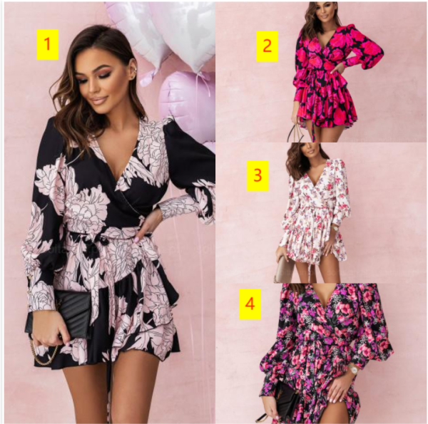 Fashion printing V-neck ruffle long-sleeved dress