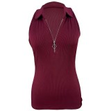 Solid color pit stripe lapel zippered vest Women's fashion casual T-shirt Women's wear