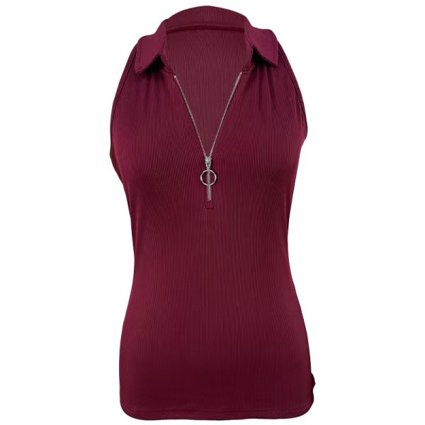 Solid color pit stripe lapel zippered vest Women's fashion casual T-shirt Women's wear