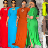 Large women's dress with solid color waist elegant dress