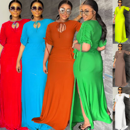 Large women's dress with solid color waist elegant dress