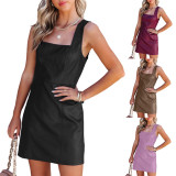 Solid color casual fashion sexy square collar PU leather dress for women