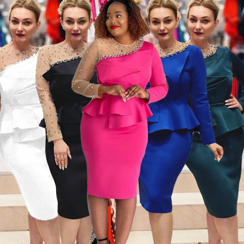 Large women's solid color patchwork beaded commuter dress