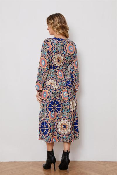 Large flower long-sleeved waist dress