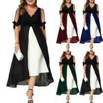 Large women's V-neck stitching fake two-piece irregular medium-sleeve dress Large women's V-neck stitching fake two-piece irregular medium-sleeve dress