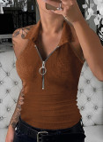 Solid color pit stripe lapel zippered vest Women's fashion casual T-shirt Women's wear