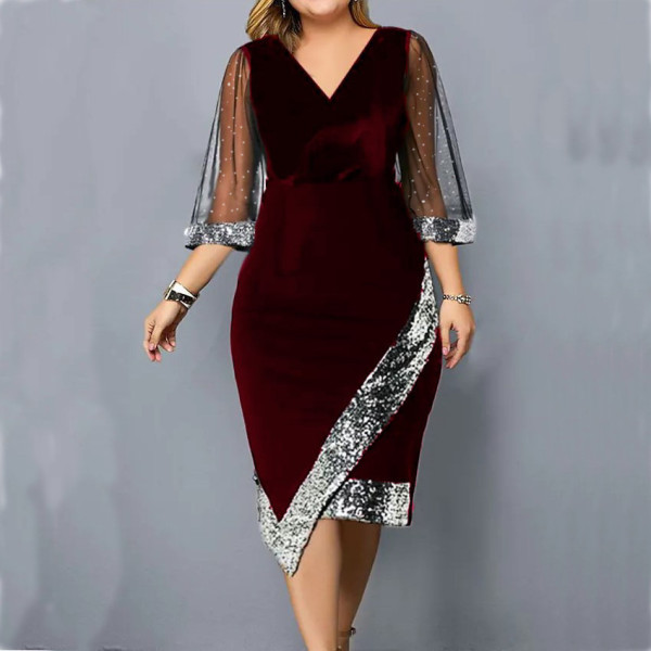 Golden velvet irregular sequin see-through mesh women's dress