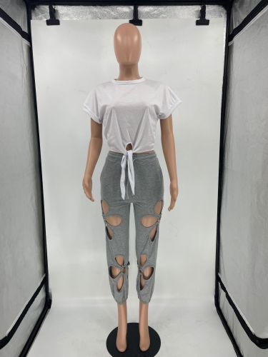 Solid color drawcord cotton pullover sunscreen short sleeve lace hole irregular top suit