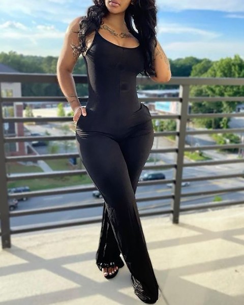 U-neck sleeveless pocket casual jumpsuit