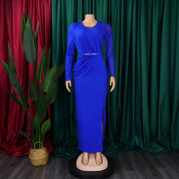 Solid round neck pleated long-sleeved dress