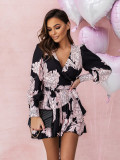 Fashion printing V-neck ruffle long-sleeved dress