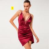 Sexy V-neck dress multi-colored satin suspender skirt high waist dress with buttocks irregular dress