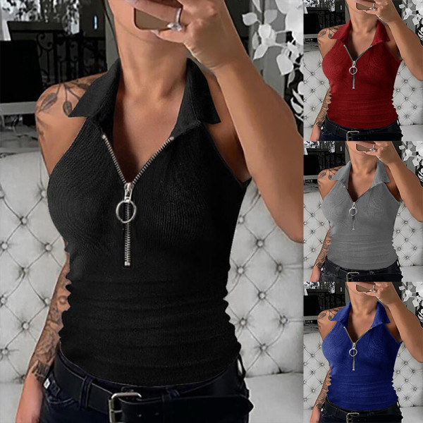 Solid color pit stripe lapel zippered vest Women's fashion casual T-shirt Women's wear