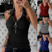 Solid color pit stripe lapel zippered vest Women's fashion casual T-shirt Women's wear Solid color pit stripe lapel zippered vest Women's fashion casual T-shirt Women's wear