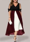 Large women's V-neck stitching fake two-piece irregular medium-sleeve dress